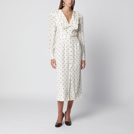 Cream Silk Midi Dress With Burgundy Polka Dots