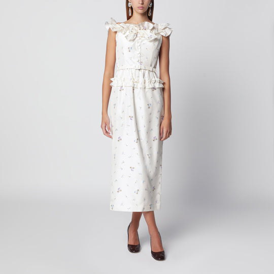 White Silk Midi Dress With Floral Pattern