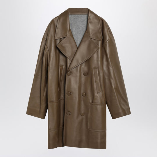 Double-Breasted Pea Coat In Dark Beige Nappa Leather