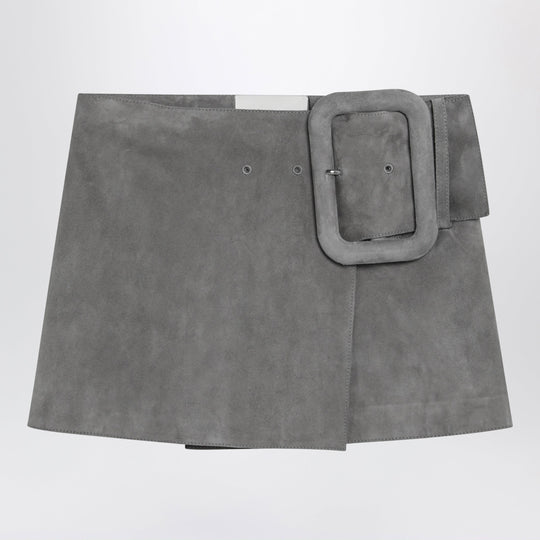 Grey Suede Mini Skirt With Large Buckle Belt