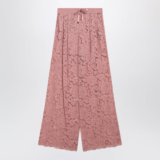 High-Waist Flared Floral Lace Pants In Dusty Pink