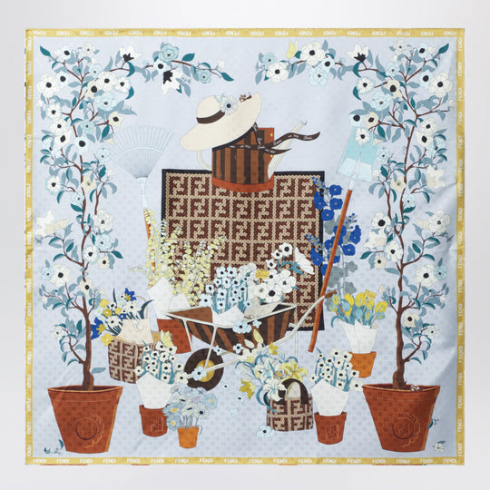 Fendi Gardening Light Blue Multicoloured Silk Foulard