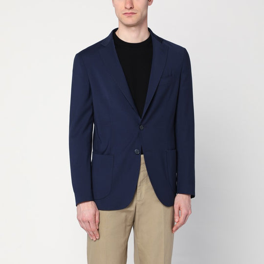 Blue Wool-Blend Single-Breasted Jacket