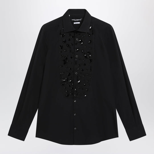 Black Cotton Shirt With Rhinestone Embellishments