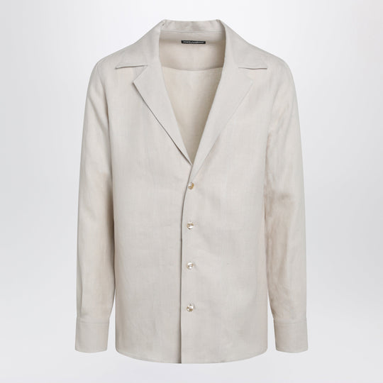 Long-Sleeve V-Neck Linen Shirt In Pastel Beige