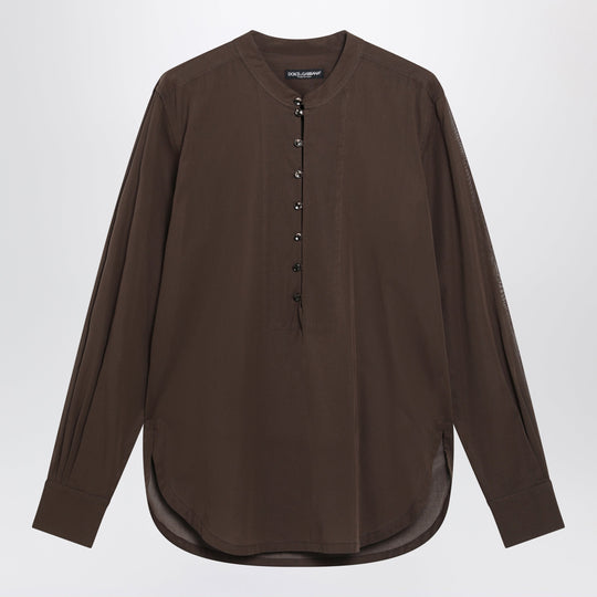 Brown Cotton Canvas Mandarin-Collar Shirt