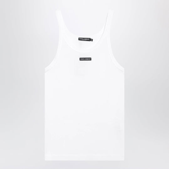 White Ribbed Cotton Tank Top With Logo Patch
