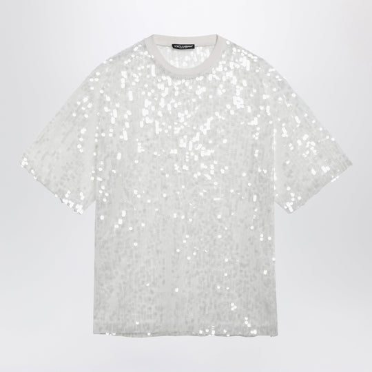 Crew-Neck Sequin T-Shirt In Polyamide, Optical White