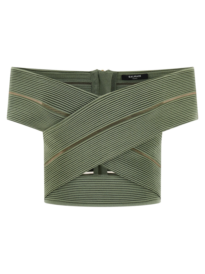 Balmain Off-The-Shoulder Crop Top Tops - Green | 593f70e989a18d1d5e56cf45596c67aceb43d046