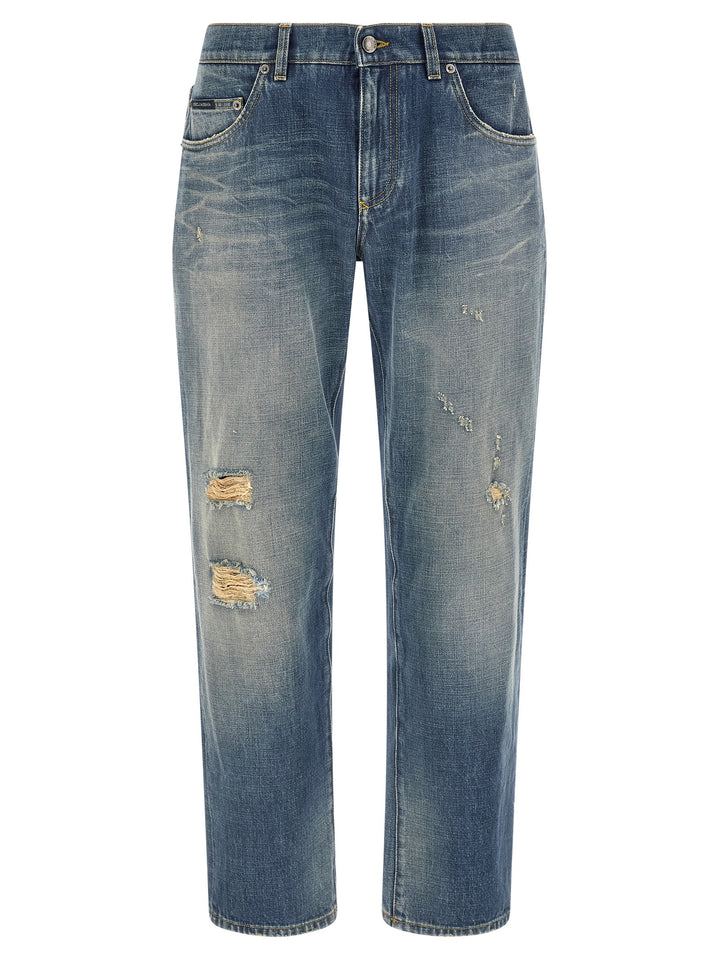 Dolce & Gabbana Destroyed Logo Plaque Jeans - Blue | 1bd3f6665bab51104b979780385772096660b3b7