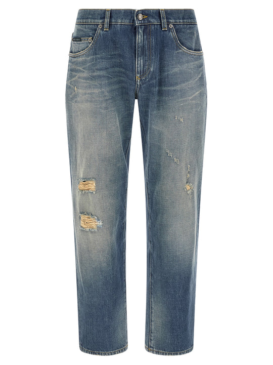 Destroyed Logo Plaque Jeans Blue