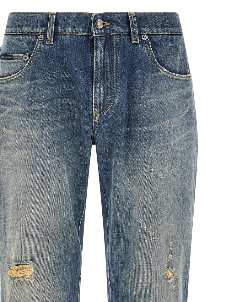 Dolce & Gabbana Destroyed Logo Plaque Jeans - Blue | 5b023cd9757ed5d6d0082442bfa16ba8b40e966d