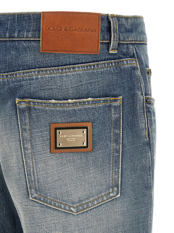 Dolce & Gabbana Destroyed Logo Plaque Jeans - Blue | 02260790ecfb7244c737c034afab8f607e9a37eb