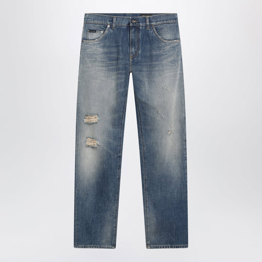 Blue Washed-Effect Jeans With Logo Plaque