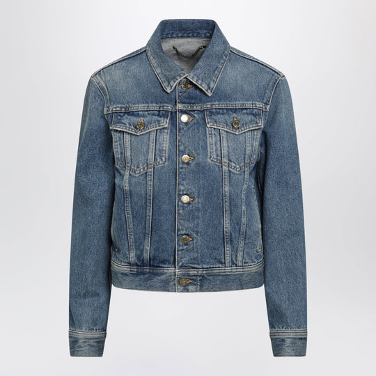 Blue Denim Jacket With Classic Collar And Logo Buttons