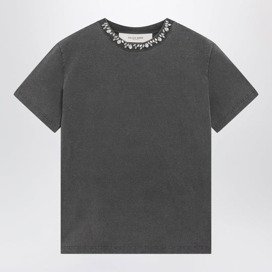 Anthracite Cotton T-Shirt With Cabochon Crystals