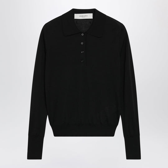 Black Virgin Wool Long-Sleeved Polo Shirt