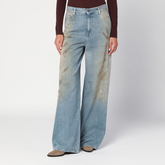 Wide Light Blue Jeans, Sand-Wash Distressed Effect
