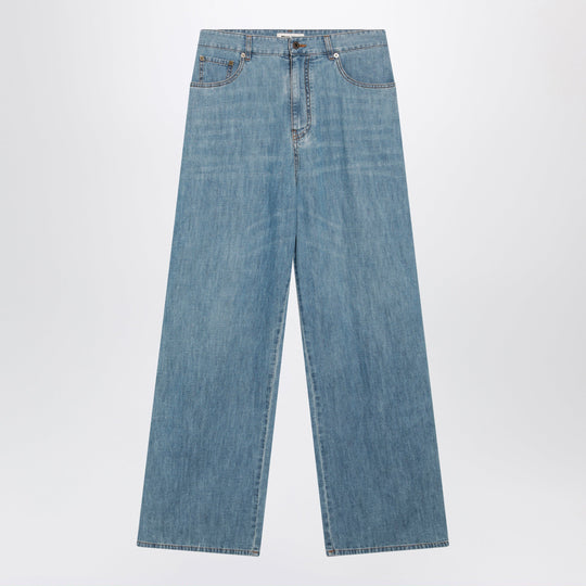 High-Waisted Wide-Leg Chambray Pants In Light Blue
