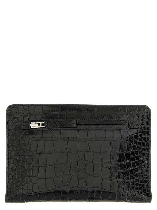 Croc Print Leather Bag Clutch Black