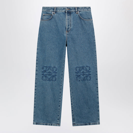 Baggy Anagram Embroidered Jeans In Washed Cotton Denim, Blue