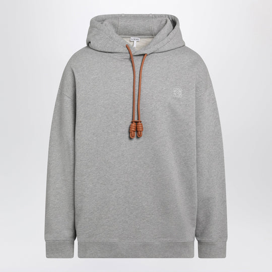 Grey Mélange Relaxed-Fit Hoodie With Leather Drawstring