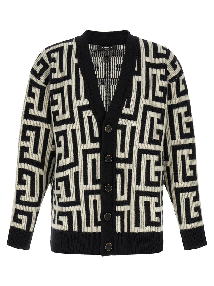 Balmain Monogram Macro Cardigan Sweaters and Cardigans - White/Black | 1f25e45fb0d651cd9892883cefb1fe2abd84629f