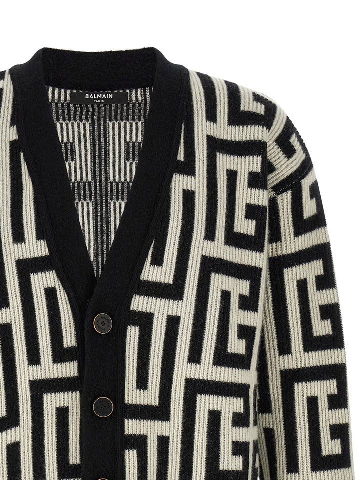 Balmain Monogram Macro Cardigan Sweaters and Cardigans - White/Black | c1b7e98eea483da1ecb8308c763928df314eed4b