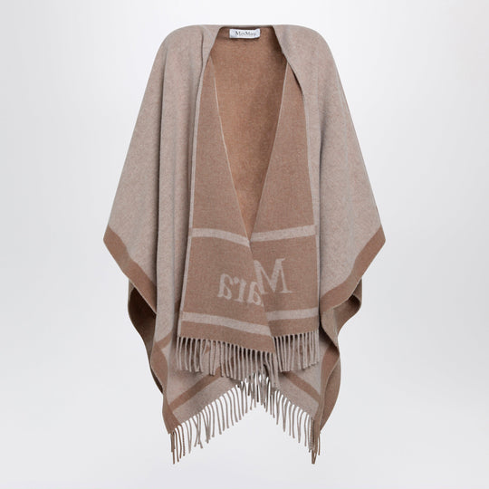 Jacquard Poncho With Fringes In Sand-Colored Wool