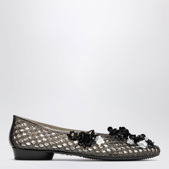 Black Lily Ballet Flats In Pvc With Beaded Flowers