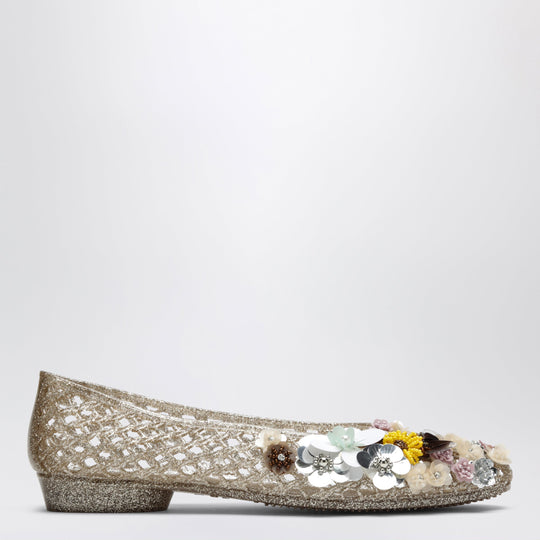 Gold Orchid Ballet Flats In Pvc With Beaded Flowers
