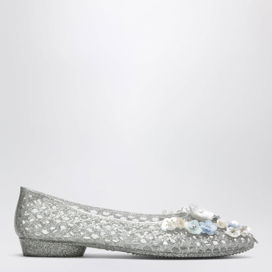 Silver Hibiscus Ballet Flats In Pvc With Beaded Flowers