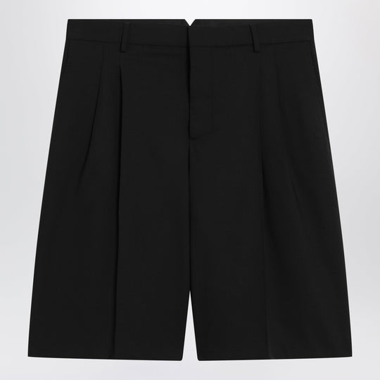 Black Pleated Bermuda Shorts In Cotton