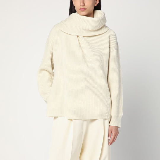 Ivory Sweater In Wool With Scarf