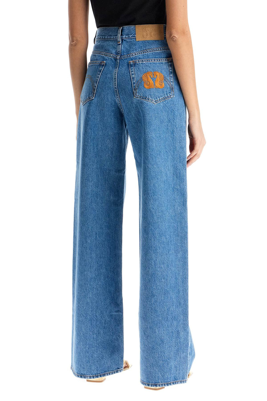 Blue Cotton Jeans With Orange Embroidery