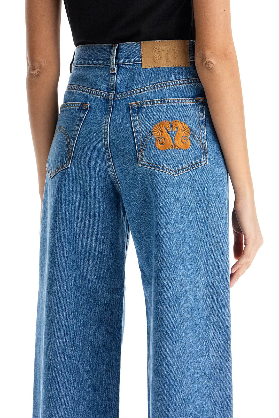 Blue Cotton Jeans With Orange Embroidery