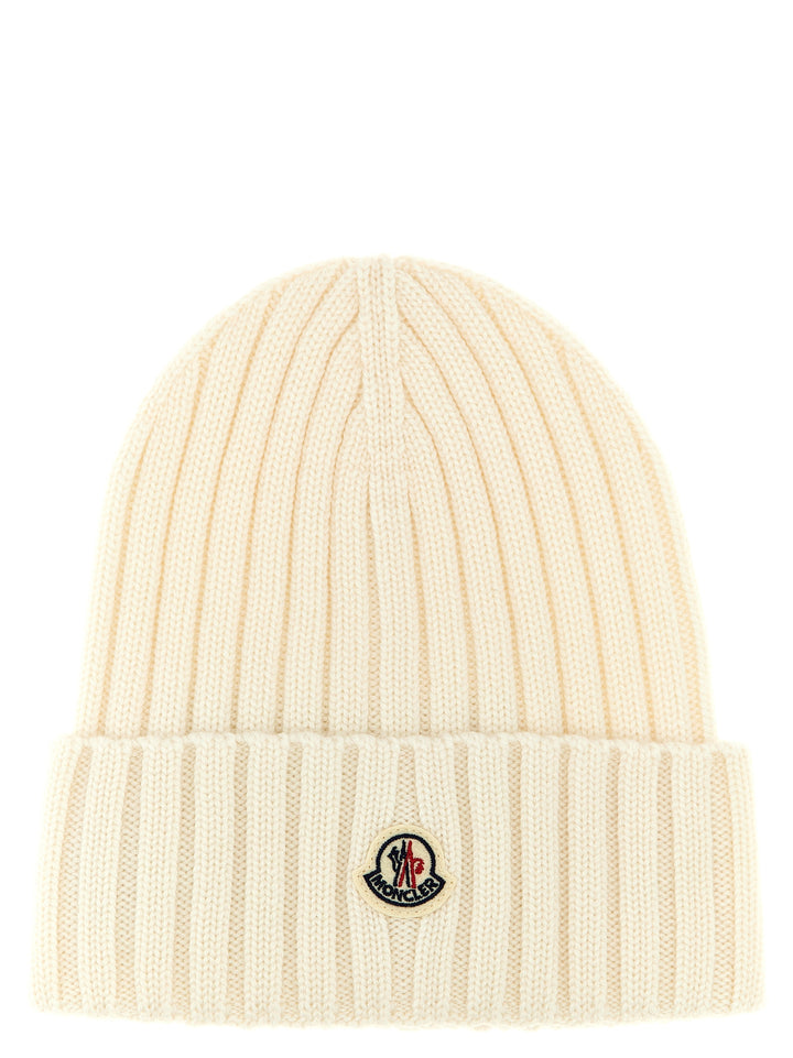 Moncler Logo Patch Beanie Hats - White | be4b6db0f8855980d73e97c38953b5807c111a55