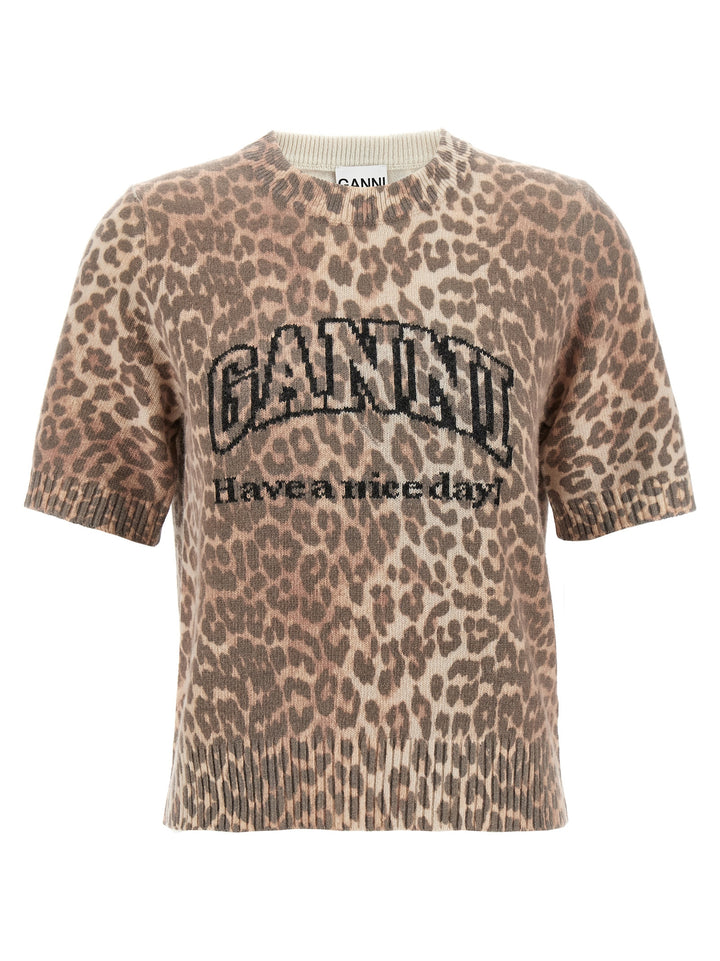 Ganni Leopard Wool Mix T-shirt - Brown | 7491b9847a9f68197eaf3554a11487c165c94441