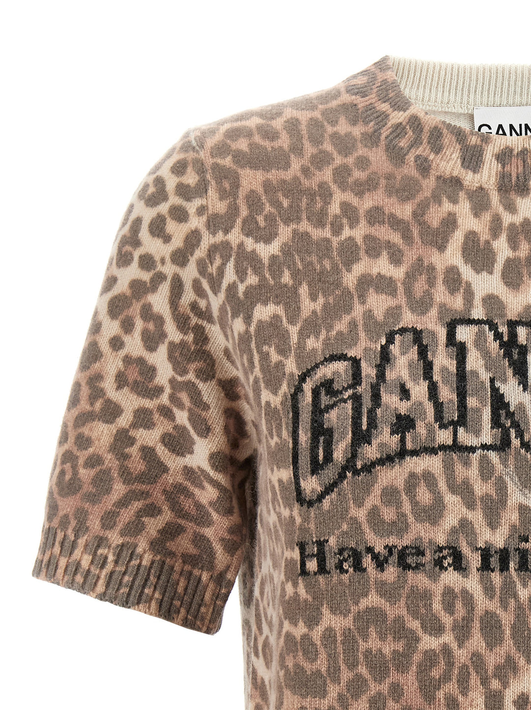 Ganni Leopard Wool Mix T-shirt - Brown | f264aac115ef815a6c383c60ff98ea880c00f3f2