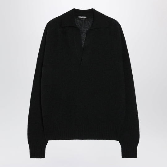 Long-Sleeve V-Neck Cashmere And Silk Polo In Black