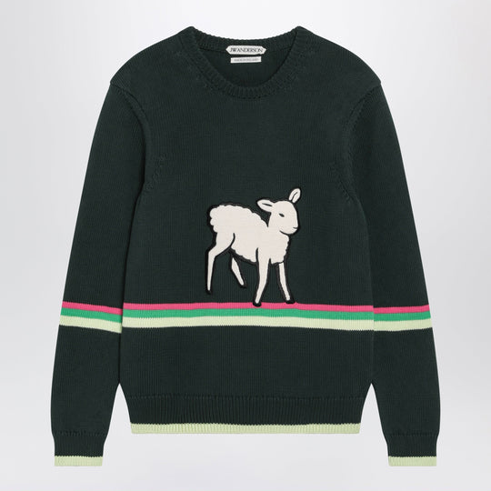 Dark Green Cotton Sweater With Sheep Embroidery