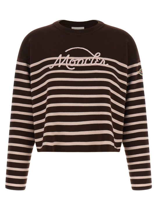 Striped Sweater With Embroidery Sweaters And Cardigans White