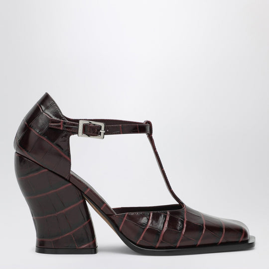 Burgundy Onda T-Bar Pumps In Embossed Leather