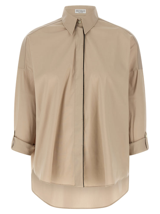 Shiny Trim Shirt And Blouse Beige