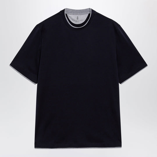 Crew-Neck Cotton Jersey T-Shirt With Faux Layering, Cobalt