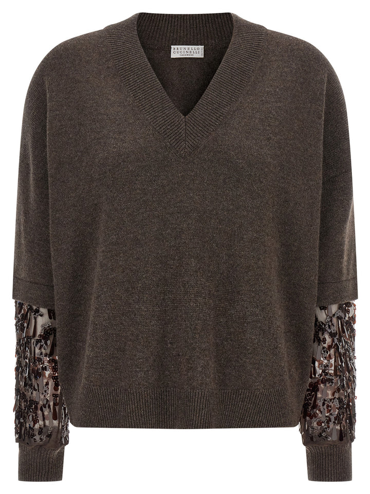 Brunello Cucinelli Sequin Sleeve Sweater Sweaters and Cardigans - Brown | b7b120d9769cffd9c98355ec16d9d14468736471