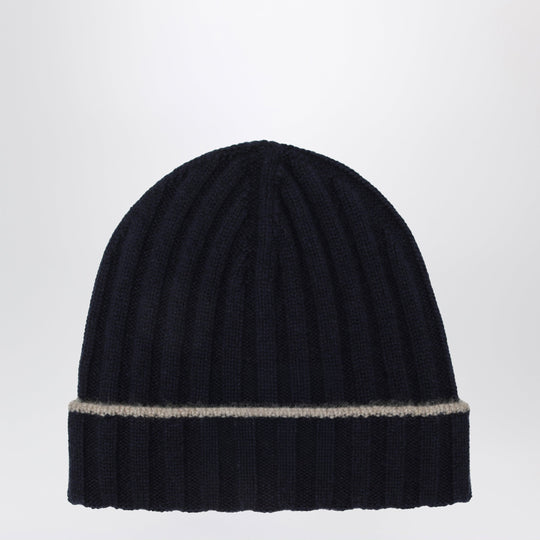 Ribbed Cashmere Beanie In Navy Blue