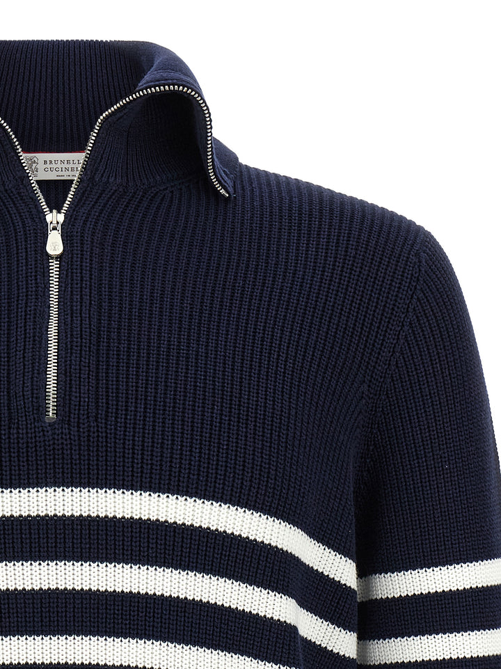 Brunello Cucinelli English Half-Ribbed Sweater Sweaters and Cardigans - Blue | dfafea9b62e13ff7c465c0bf399937e8b76181fd
