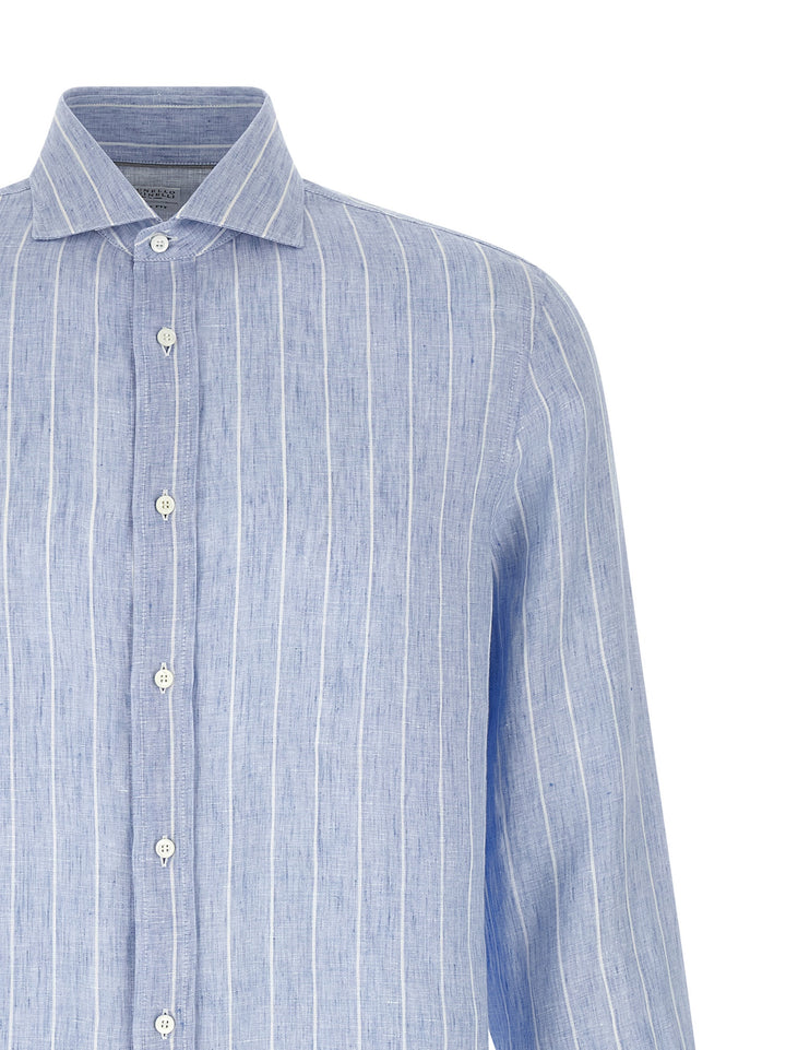 Brunello Cucinelli Striped Linen Shirt Shirt and Blouse - Light Blue | 7856716e2ca5d12b75208e3de3d0a332cc07e678