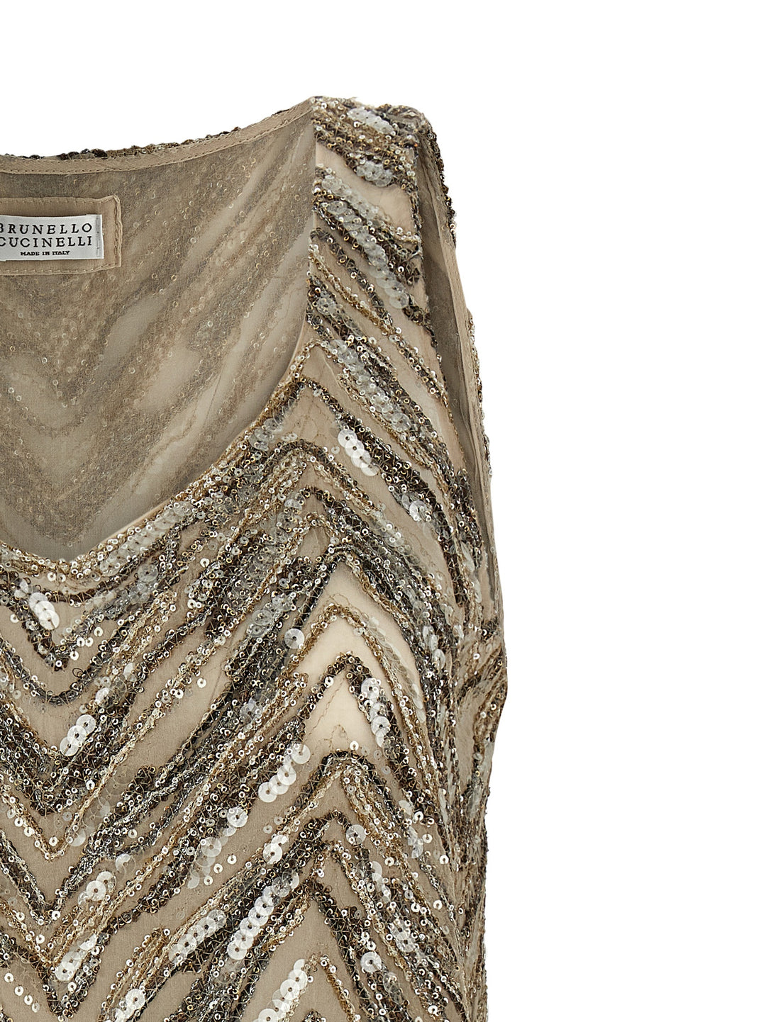 Brunello Cucinelli Dazzling Chevron Embroidery Tops - Beige | 15489b438e618c7cb41c71bd4da613c59c39b584